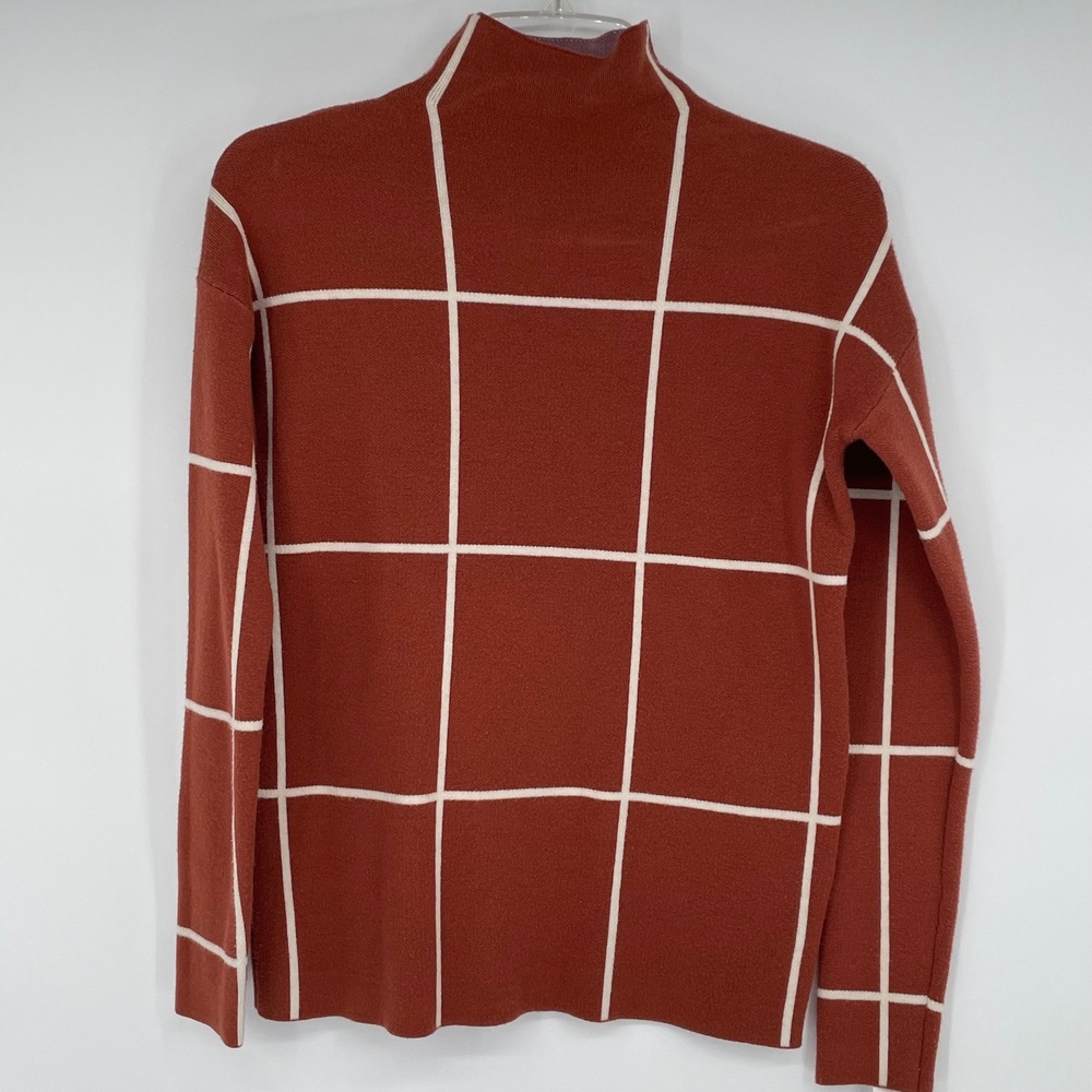 Cynthia Rowley Womens XS Rust Orange White Windowpane Grid Mock Neck Sweater